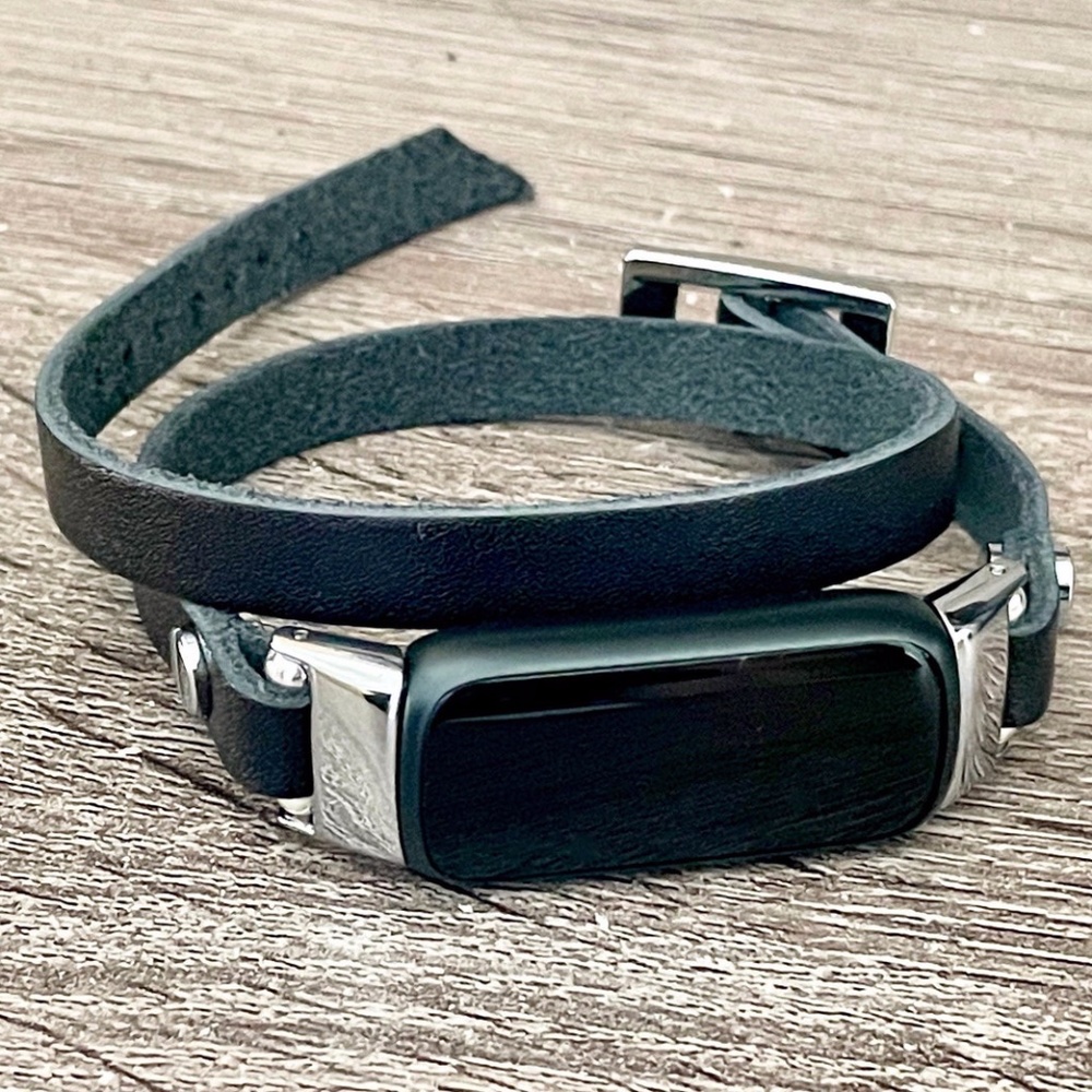 Double Wrap Black Leather Fitbit Luxe Band Women Style Silver Jewelry Wristband